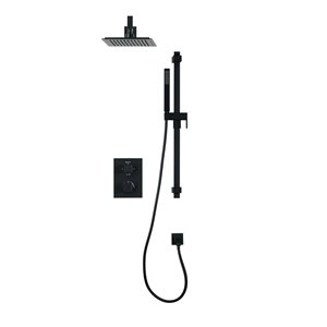 akuaplus® Square Black 4-way Diverter Thermostatic Shower Valve Set w/ Showerhead and Adjustable Hand Shower on Post