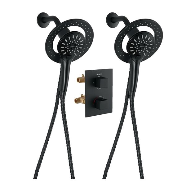 akuaplus® Matte Black 4-Way Diverter Thermostatic Square Shower Valve Set w/ 2 Magnetic Hand Showers