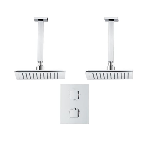 akuaplus® Square Chrome 4-Way Diverter Thermostatic Shower Valve Set w/ 2 Ceiling Mount Shower Heads