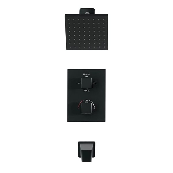 akuaplus® Square Matte Black 4-Way Diverter Thermostatic Bath Shower Valve Set w/ Square Showerhead and Spout