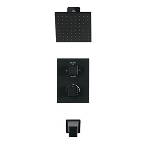 akuaplus® Square Matte Black 4-Way Diverter Thermostatic Bath Shower Valve Set w/ Square Showerhead and Spout