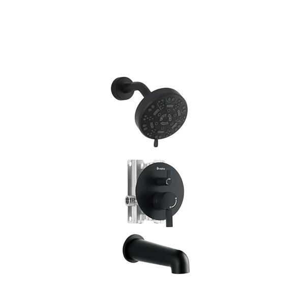 akuaplus® Matte Black 3-Way Diverter Pressure Balance Round Bath Shower Valve Set w/ 8-Setting Showerhead and Spout