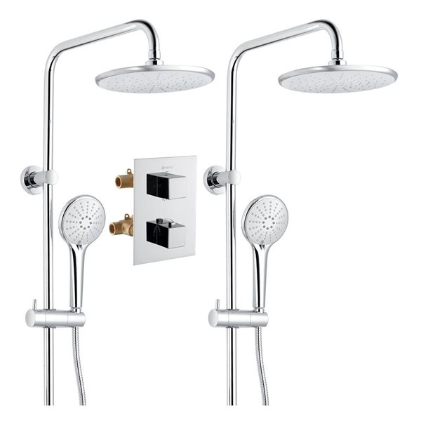 akuaplus® Square Chrome 4-Way diverter Thermostatic Shower Valve Set w/ 2 Round Showerheads/2 Hand Showers on Post