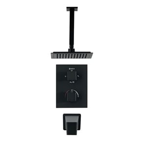 akuaplus® Square Matte Black 4-Way Diverter Thermostatic Bath Shower Valve Set w/ Ceiling Mount Showerhead and Spout