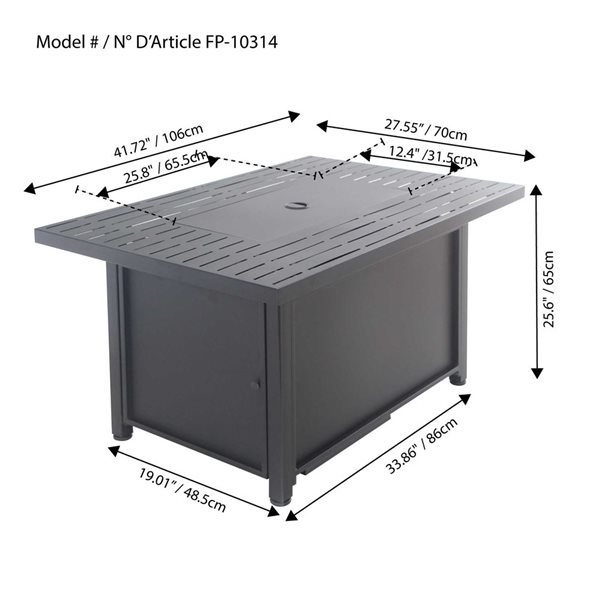 Table-foyer rectangle convertible Charlie de Paramount 50 000 BTU en acier noir