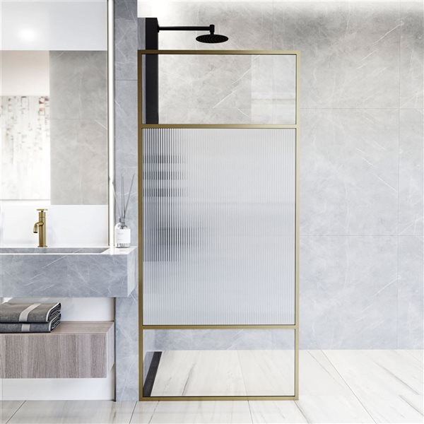 VIGO Essex 34 x 74-in Fixed Framed Shower Door with Textured Glass - Matte Brushed Gold