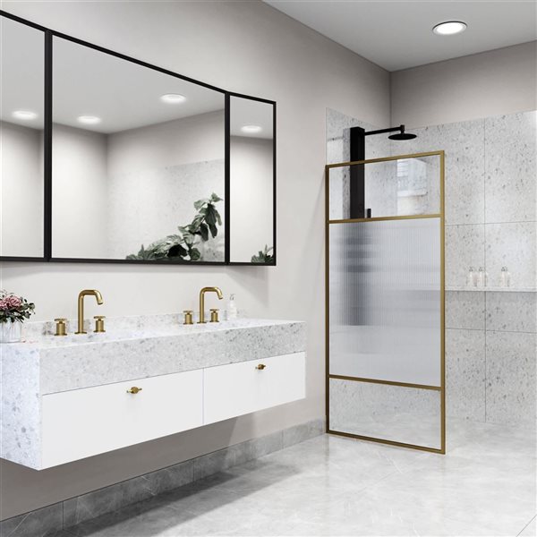 VIGO Essex 34 x 74-in Fixed Framed Shower Door with Textured Glass - Matte Brushed Gold