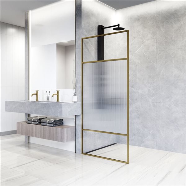 VIGO Essex 34 x 74-in Fixed Framed Shower Door with Textured Glass - Matte Brushed Gold