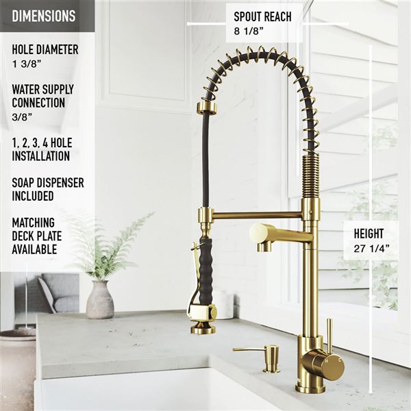 VIGO Zurich One-Handle Pull-Down Sprayer Kitchen Faucet with Soap Dispenser - Matte Brushed Gold