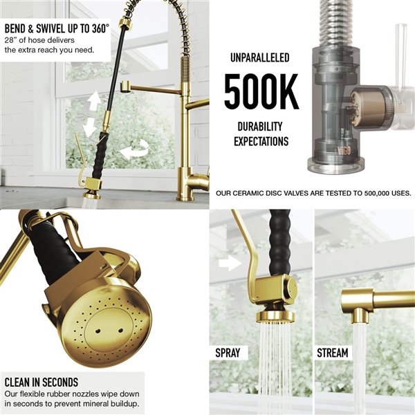 VIGO Zurich One-Handle Pull-Down Sprayer Kitchen Faucet with Soap Dispenser - Matte Brushed Gold