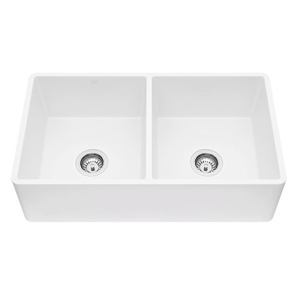 VIGO Matte Stone 33-in Farmhouse Composite&nbsp;50/50 Double Bowl Kitchen Sink with 2 Strainers - Matte White