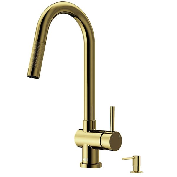 VIGO Gramercy One-Handle Pull-Down Sprayer Kitchen Faucet with Bolton Soap Dispenser - Matte Brushed Gold