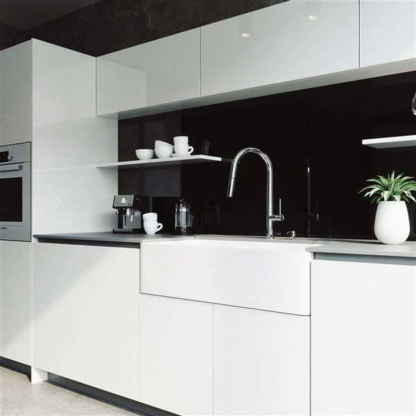 VIGO Matte Stone White Composite 36-in Single Bowl Flat Farmhouse Apron-Front Kitchen Sink w/Strainer and Silicone Grid