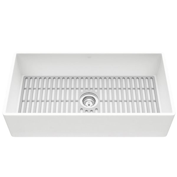 VIGO Matte Stone White Composite 36-in Single Bowl Flat Farmhouse Apron-Front Kitchen Sink w/Strainer and Silicone Grid