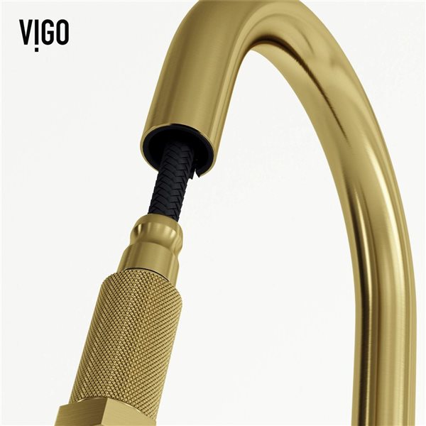 VIGO Hart Arched One-Handle Pull-Down Sprayer Kitchen Faucet with Soap Dispenser - Matte Brushed Gold