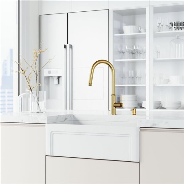 VIGO Hart Arched One-Handle Pull-Down Sprayer Kitchen Faucet with Soap Dispenser - Matte Brushed Gold