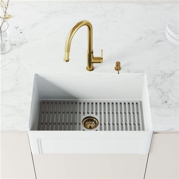 VIGO Hart Arched One-Handle Pull-Down Sprayer Kitchen Faucet with Soap Dispenser - Matte Brushed Gold
