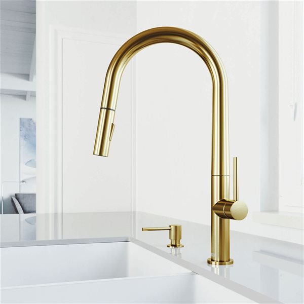 VIGO Greenwich One-Handle Pull-Down Sprayer Kitchen Faucet with Bolton Soap Dispenser - Matte Brushed Gold