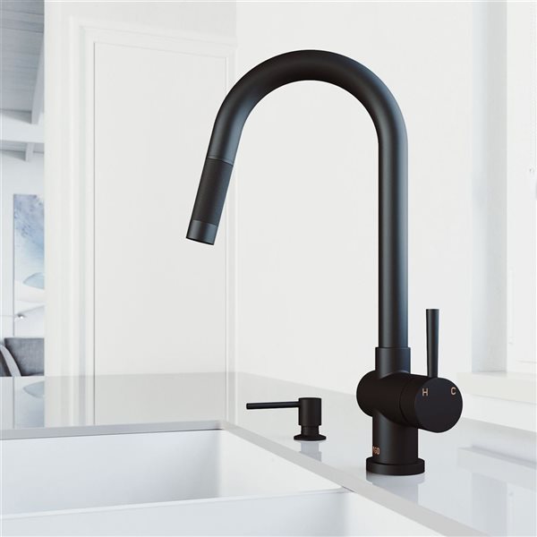 VIGO Gramercy One-Handle Pull-Down Sprayer Kitchen Faucet with Bolton Soap Dispenser - Matte Black