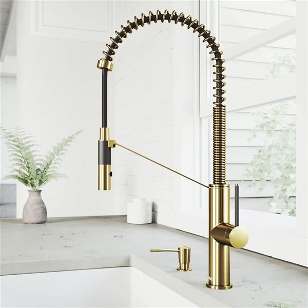 VIGO Livingston One-Handle Pull-Down Sprayer Kitchen Faucet with Soap Dispenser - Matte Brushed Gold