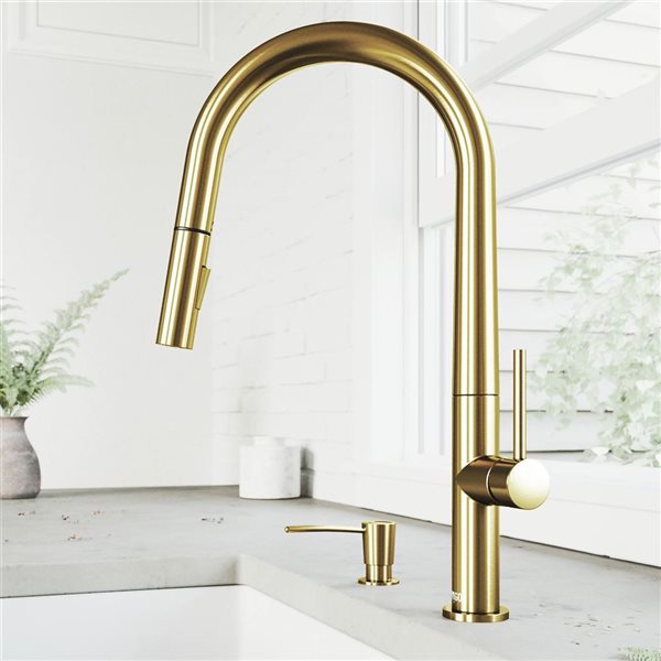 VIGO Greenwich One-Handle Pull-Down Sprayer Kitchen Faucet with Soap Dispenser - Matte Brushed Gold