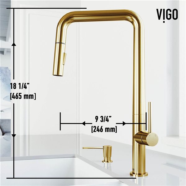 VIGO Parsons One-Handle Pull-Down Sprayer Kitchen Faucet with Soap Dispenser - Matte Brushed Gold