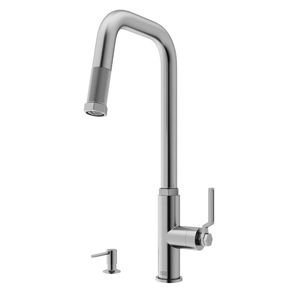 VIGO Hart Angular One-Handle Pull-Down Sprayer Kitchen Faucet with Soap Dispenser - Stainless Steel