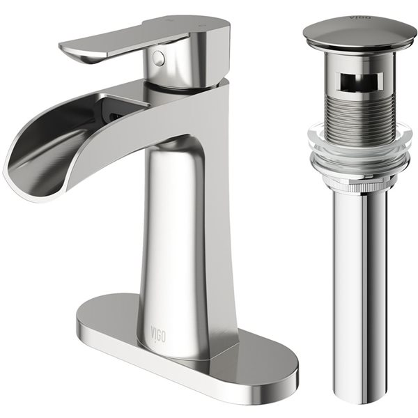 VIGO Paloma Single Hole Bathroom Faucet with Deck Plate and Pop-up Drain - Brushed Nickel