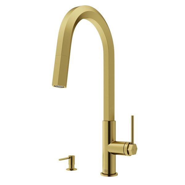 VIGO Hart Hexad One-Handle Pull-Down Sprayer Kitchen Faucet with Soap Dispenser - Matte Brushed Gold