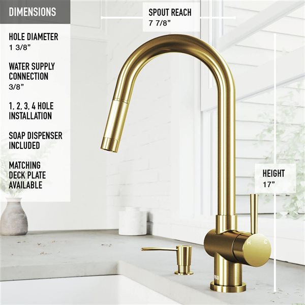 VIGO Gramercy One-Handle Pull-Down Sprayer Kitchen Faucet with Soap Dispenser - Matte Brushed Gold