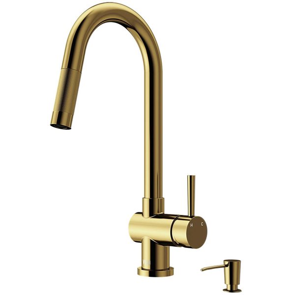 VIGO Gramercy One-Handle Pull-Down Sprayer Kitchen Faucet with Soap Dispenser - Matte Brushed Gold