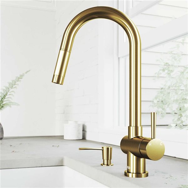 VIGO Gramercy One-Handle Pull-Down Sprayer Kitchen Faucet with Soap Dispenser - Matte Brushed Gold