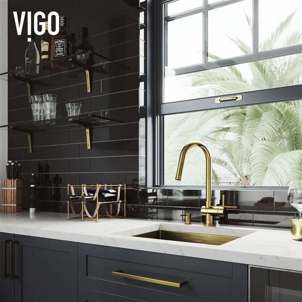 VIGO Gramercy One-Handle Pull-Down Sprayer Kitchen Faucet with Soap Dispenser - Matte Brushed Gold