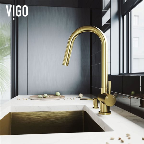 VIGO Gramercy One-Handle Pull-Down Sprayer Kitchen Faucet with Soap Dispenser - Matte Brushed Gold