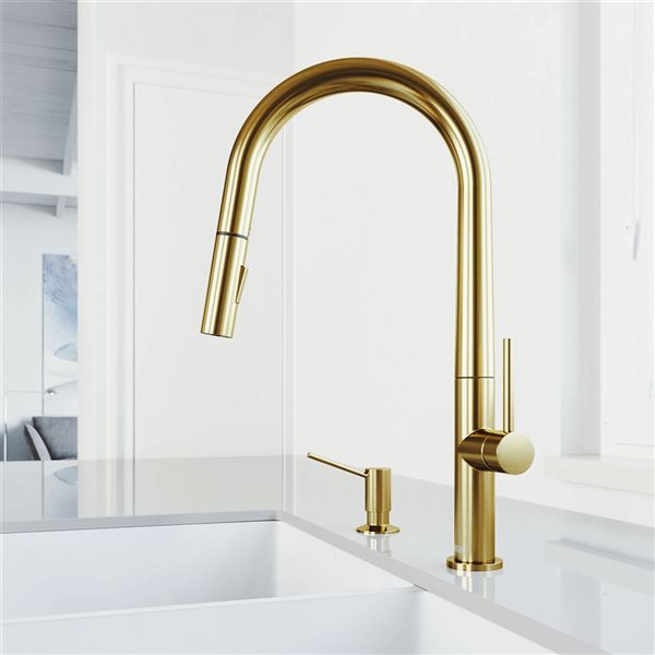 VIGO Greenwich One-Handle Pull-Down Sprayer Kitchen Faucet with Braddock Soap Dispenser - Matte Brushed Gold