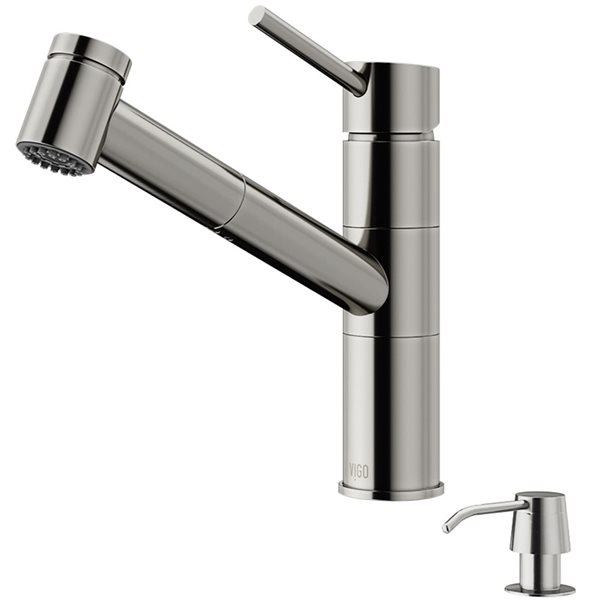 VIGO Branson One-Handle Pull-Out Sprayer Kitchen Faucet with Soap Dispenser - Stainless Steel