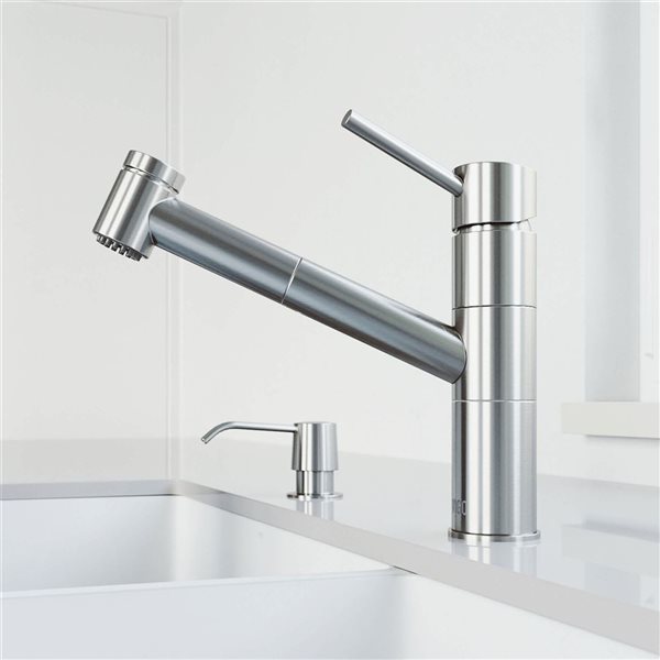 VIGO Branson One-Handle Pull-Out Sprayer Kitchen Faucet with Soap Dispenser - Stainless Steel