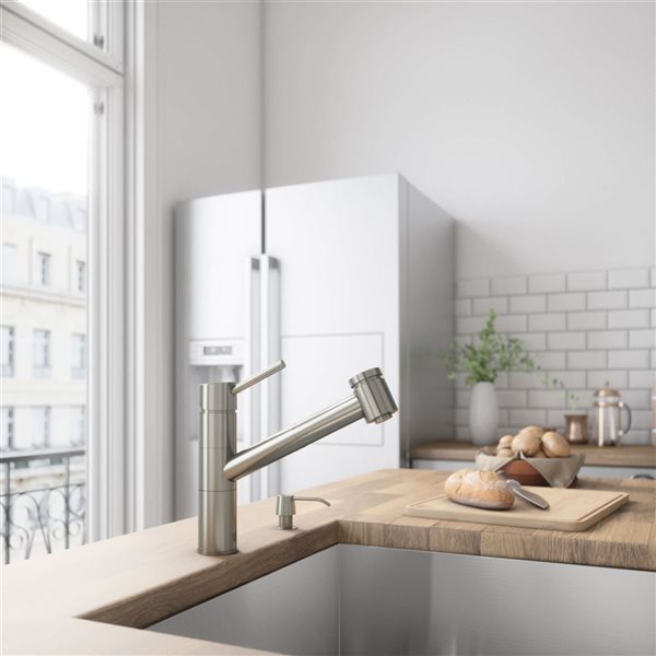 VIGO Branson One-Handle Pull-Out Sprayer Kitchen Faucet with Soap Dispenser - Stainless Steel