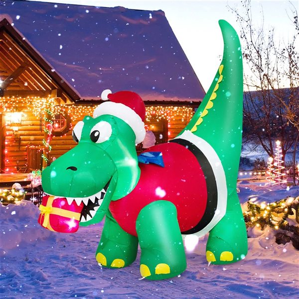 Costway 6-ft Inflatable Christmas Dinosaur with LED Lighted Gift Box and Blower Party Yard