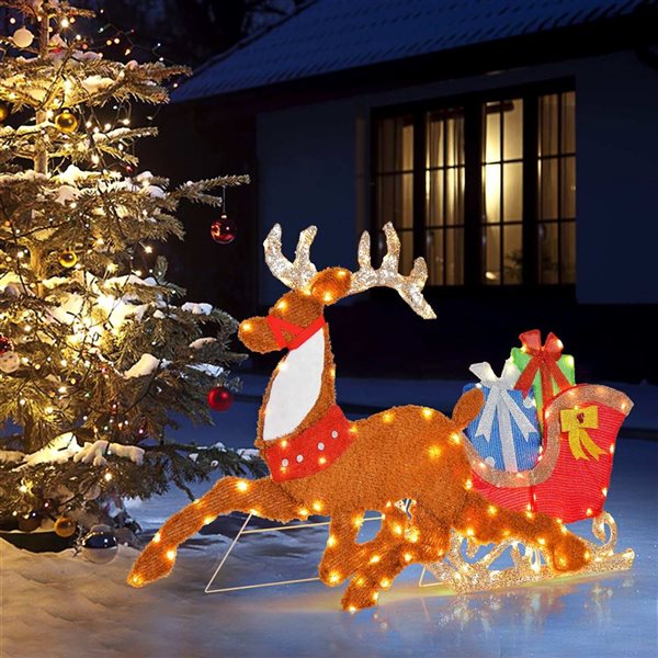 Costway Lighted 2D Christmas Reindeer and Sleigh Decoration Glittered Decoration