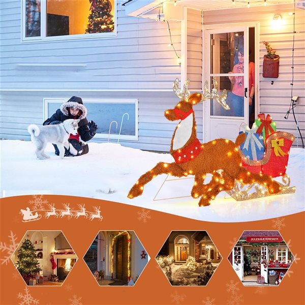 Costway Lighted 2D Christmas Reindeer and Sleigh Decoration Glittered Decoration