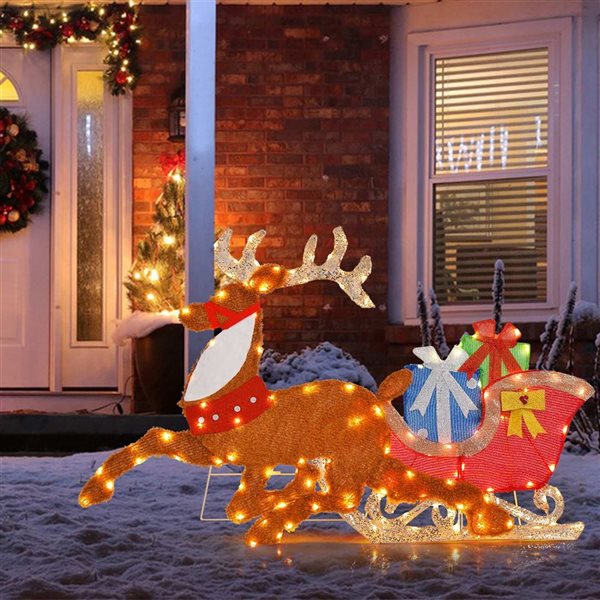 Costway Lighted 2D Christmas Reindeer and Sleigh Decoration Glittered Decoration