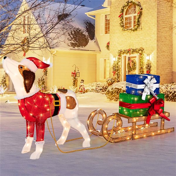 Costway Pre-Lit Christmas Dog Sleigh and Gift Box Decoration with 170 Lights