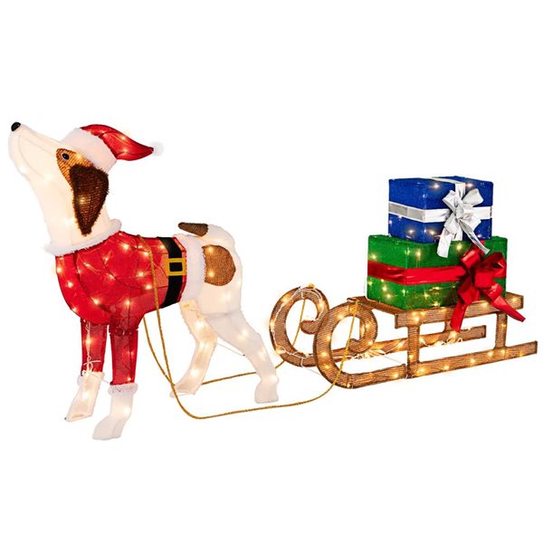 Costway Pre-Lit Christmas Dog Sleigh and Gift Box Decoration with 170 Lights