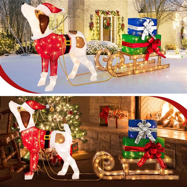 Costway Pre-Lit Christmas Dog Sleigh and Gift Box Decoration with 170 Lights