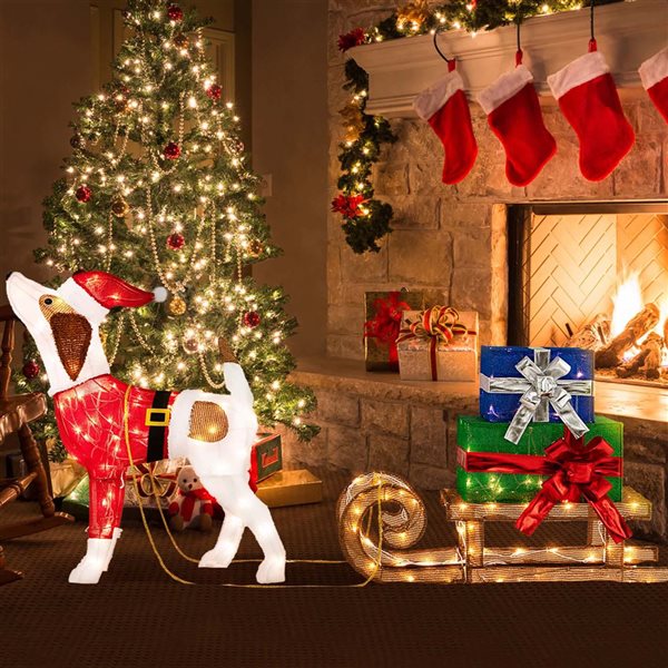 Costway Pre-Lit Christmas Dog Sleigh and Gift Box Decoration with 170 Lights