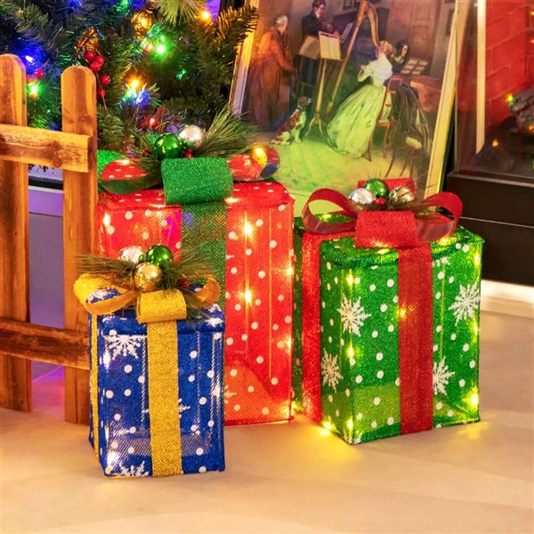 Costway 3-PC Indoor/Outdoor Christmas Gift Box Decoration with 52 LED Lights