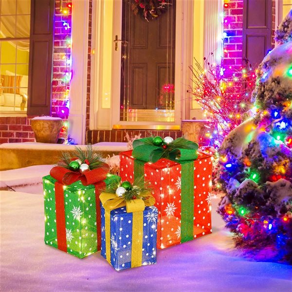 Costway 3-PC Indoor/Outdoor Christmas Gift Box Decoration with 52 LED Lights