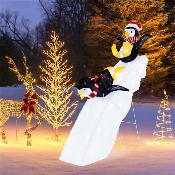 Costway 4-ft LED Pre-Lit Christmas Penguin Ice Skating Decoration with Snowy Slide