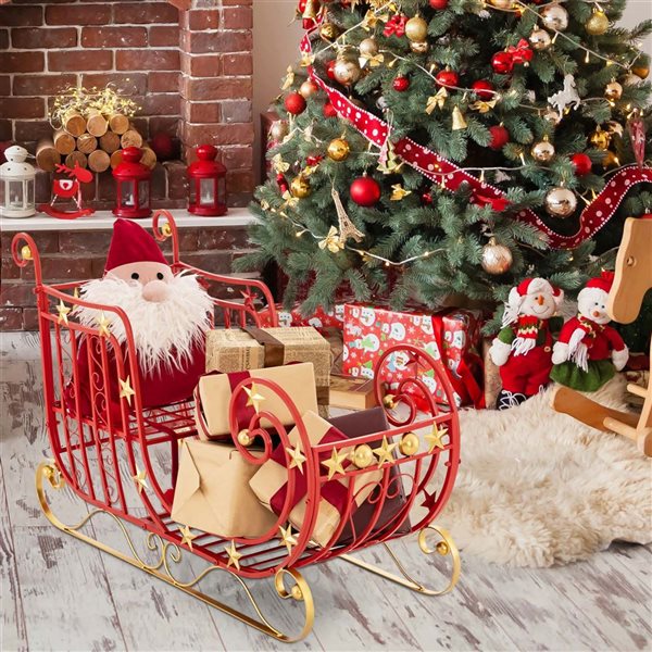 Costway Red Santa Sleigh with Large Cargo Area for Gifts Metal Christmas Holiday Decor